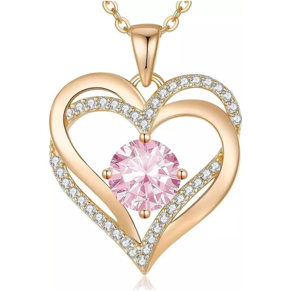 Женское ожерелье с кулоном в форме сердца Heart Love, циркониевый камень розового цвета, золотое