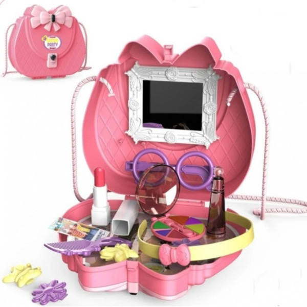 Детский косметический набор Kids Pretend Toy Bag с сумкой для макияжа и зеркалом, Розовый