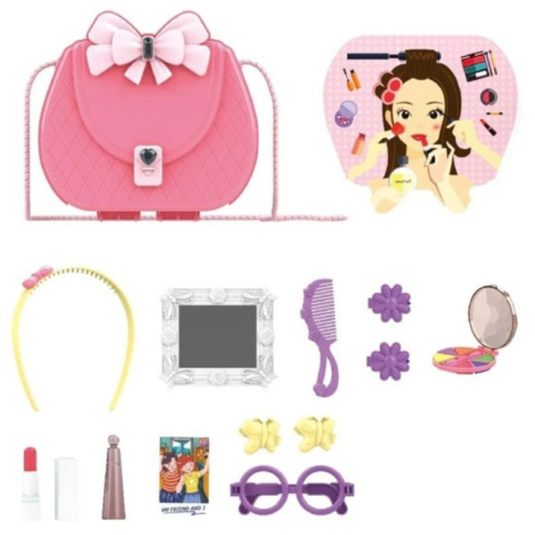 Детский косметический набор Kids Pretend Toy Bag с сумкой для макияжа и зеркалом, Розовый
