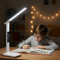 LED настольная лампа с аккумулятором, часами и термометром 868S White