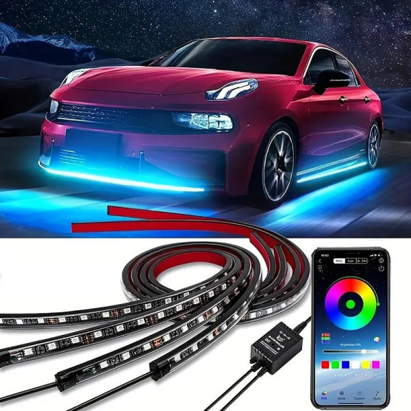 Светодиодная подсветка дна автомобиля Bluetooth RGB 12V, 2 ленты по 90 и 120 см