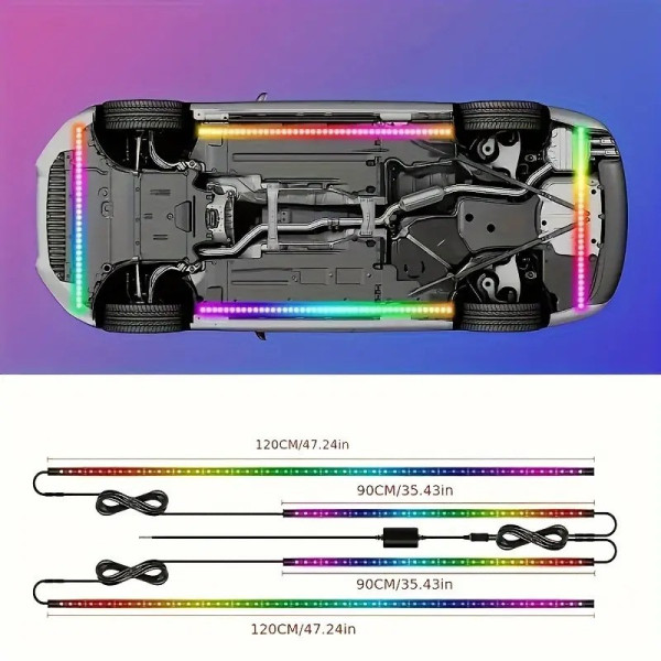 Светодиодная подсветка дна автомобиля Bluetooth RGB 12V, 2 ленты по 90 и 120 см