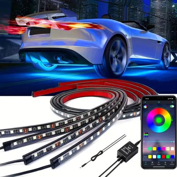 Светодиодная подсветка дна автомобиля Bluetooth RGB 12V, 2 ленты по 90 и 120 см