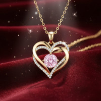 Женское ожерелье с кулоном в форме сердца Heart Love, циркониевый камень розового цвета, золотое