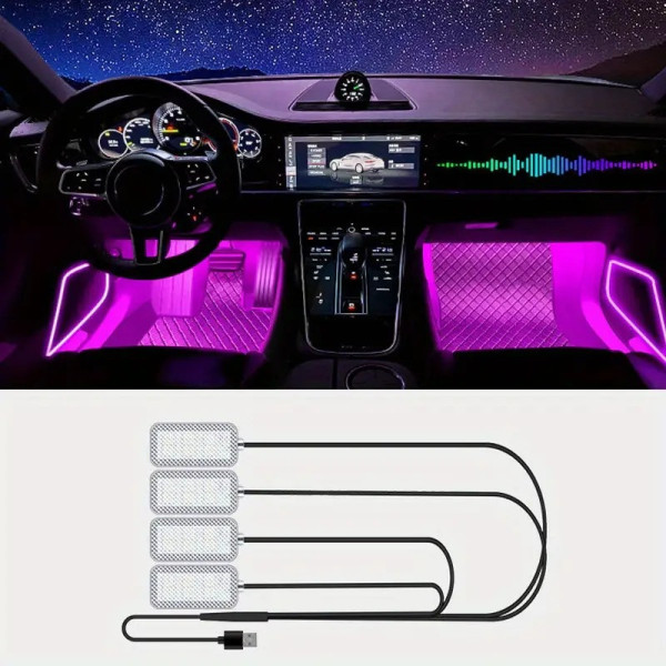 Светодиодная подсветка салона авто RGB подсветка ног в авто 4шт, USB Bluetooth приложение APP