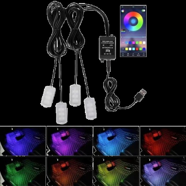 Светодиодная подсветка салона авто RGB подсветка ног в авто 4шт, USB Bluetooth приложение APP