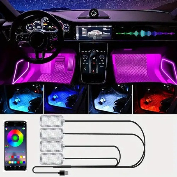 Светодиодная подсветка салона авто RGB подсветка ног в авто 4шт, USB Bluetooth приложение APP