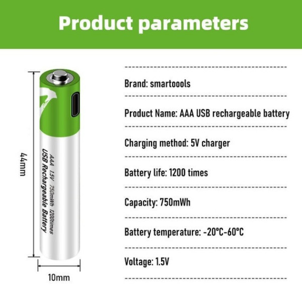 Комплект батарейки AAA 2 шт с разъемом USB Type-C от Smartoools на 1.5V/750mWh