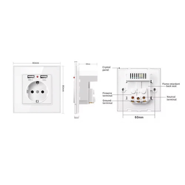 Розетка SIXWGH с заземлением и 2 USB-портами WH034W