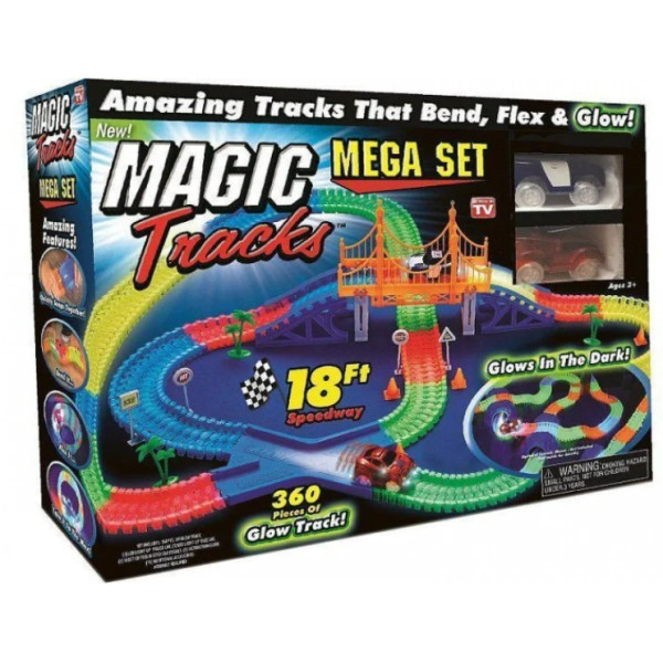 Детский светящийся гибкий трек Magic Tracks 360 деталей на 2 машинки | Детский гоночный трек, в хитах