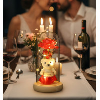 Подарочный сувенир ночник "I Love You", роза в колбе с мишкой Роза в стеклянной колбе с мишкой и сердечком