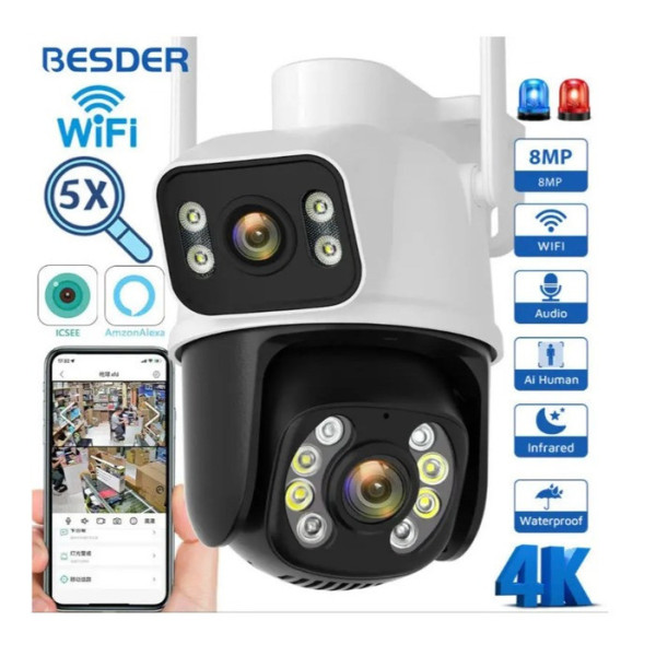 Поворотная WIFI камера наблюдения Besder A8BQ 4MP с 2 объективами / Беспроводная уличная камера