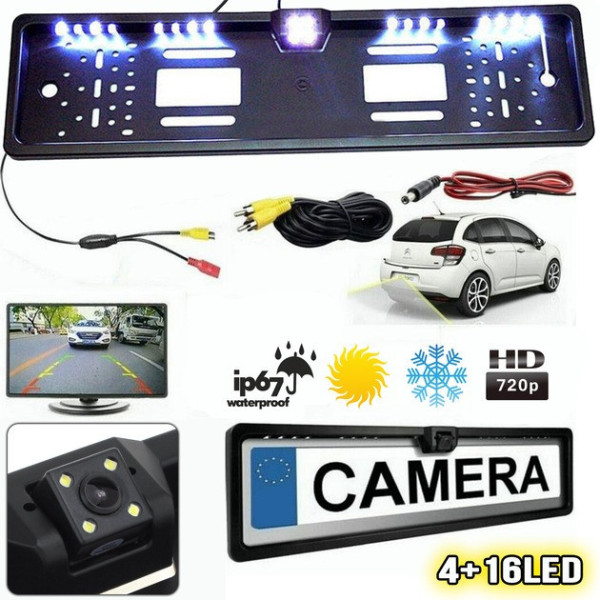 Автомобильная камера заднего вида в номерной рамке Prime-X 4+16Led-Cam парковочная видеокамера Black