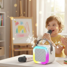 Портативная Bluetooth-колонка для караоке с беспроводной микрофоном и сабвуфером Бежевая
