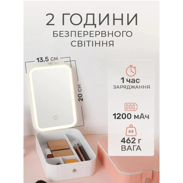 Дорожная косметичка-чемодан с LED подсветкой, зеркалом, аккумулятором 1200 мАч, 3 режима света