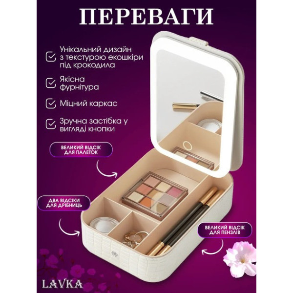 Дорожная косметичка-чемодан с LED подсветкой, зеркалом, аккумулятором 1200 мАч, 3 режима света