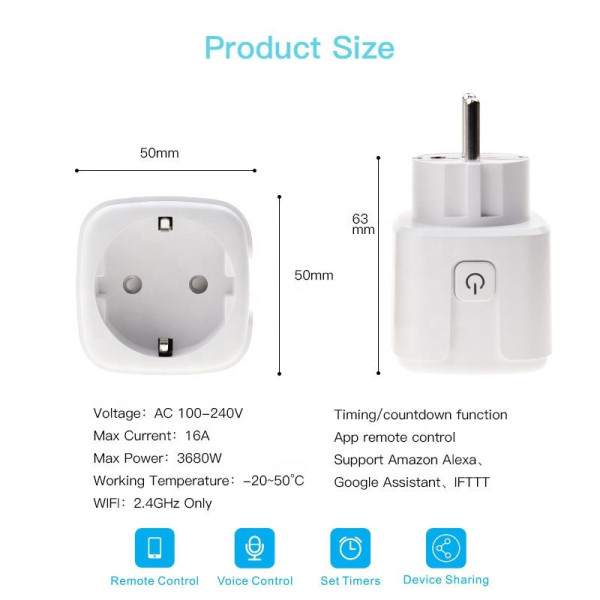 Умная розетка Tuya WiFi Head 16А со счетчиком электроэнергии 3300W с подключением к телефону