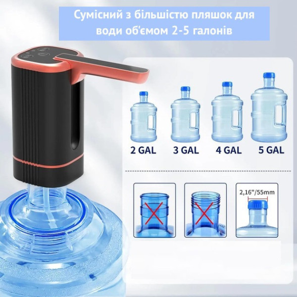 Аккумуляторный насос-диспенсер BRS для бутыли 5–19 л с USB зарядкой емкость 1200 мАч черный