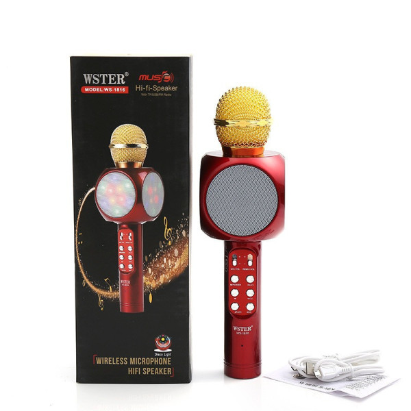 Микрофон караоке WSTER WS-1816 - беспроводной Bluetooth микрофон с cветомузыкой слотом USB и FM тюнером