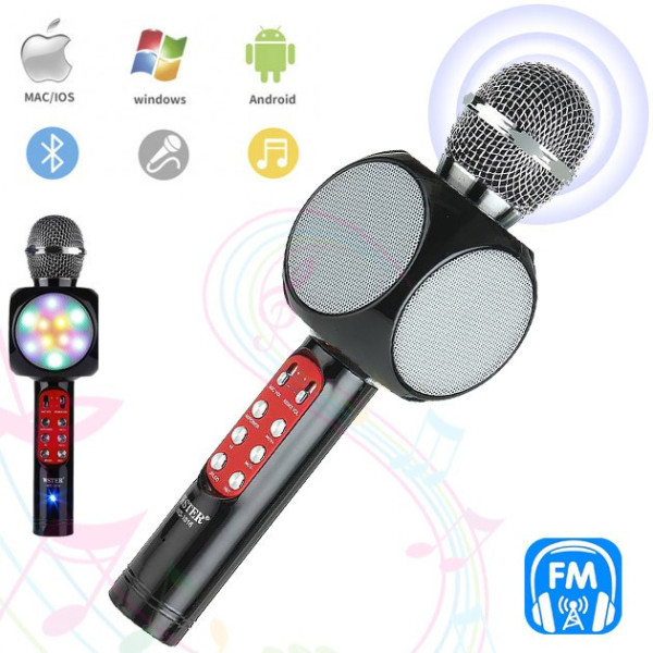 Микрофон караоке WSTER WS-1816 - беспроводной Bluetooth микрофон с cветомузыкой слотом USB и FM тюнером
