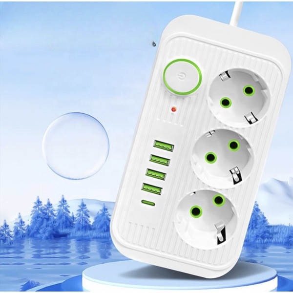 Универсальный сетевой фильтр Power Socket F09U с 3 розетками и 4 USB-портами, включая Type-C, длина 2 м