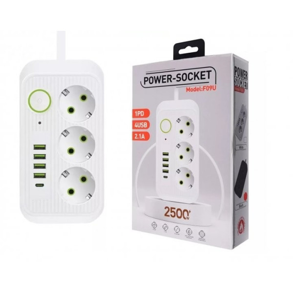 Универсальный сетевой фильтр Power Socket F09U с 3 розетками и 4 USB-портами, включая Type-C, длина 2 м