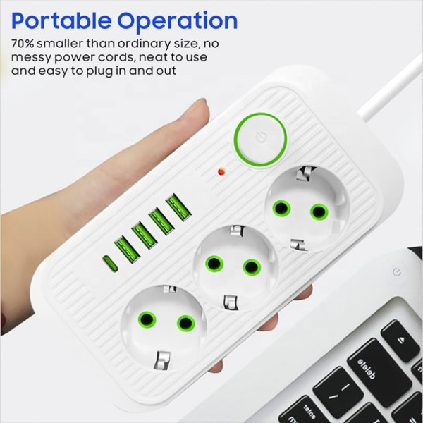 Универсальный сетевой фильтр Power Socket F09U с 3 розетками и 4 USB-портами, включая Type-C, длина 2 м