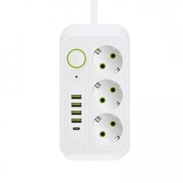 Универсальный сетевой фильтр Power Socket F09U с 3 розетками и 4 USB-портами, включая Type-C, длина 2 м