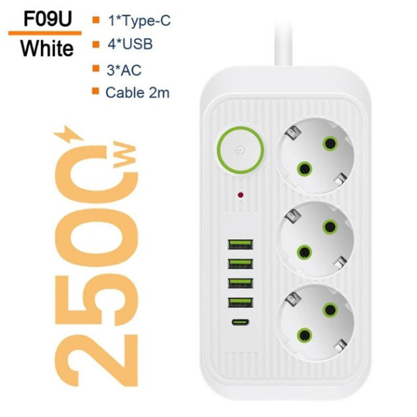 Универсальный сетевой фильтр Power Socket F09U с 3 розетками и 4 USB-портами, включая Type-C, длина 2 м