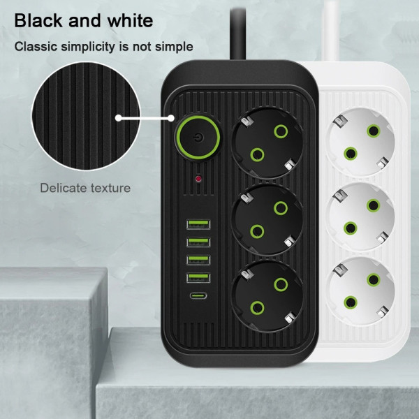 Универсальный сетевой фильтр Power Socket F09U с 3 розетками и 4 USB-портами, включая Type-C, длина 2 м