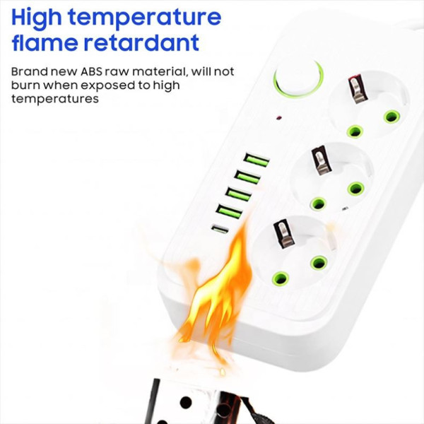 Универсальный сетевой фильтр Power Socket F09U с 3 розетками и 4 USB-портами, включая Type-C, длина 2 м