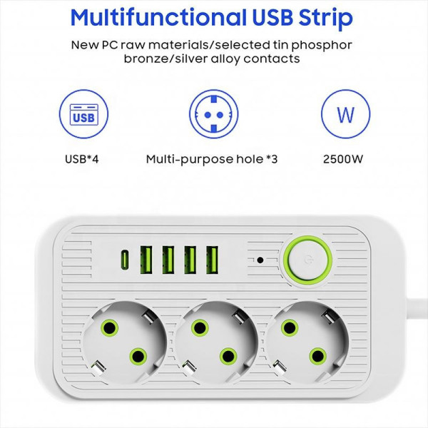Универсальный сетевой фильтр Power Socket F09U с 3 розетками и 4 USB-портами, включая Type-C, длина 2 м