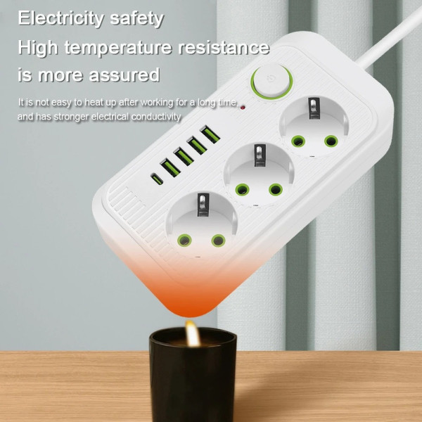 Универсальный сетевой фильтр Power Socket F09U с 3 розетками и 4 USB-портами, включая Type-C, длина 2 м