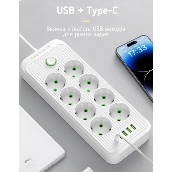 Фильтр питания удлинитель на 8 гнезд с 5 USB разветвитель розетки 2 м