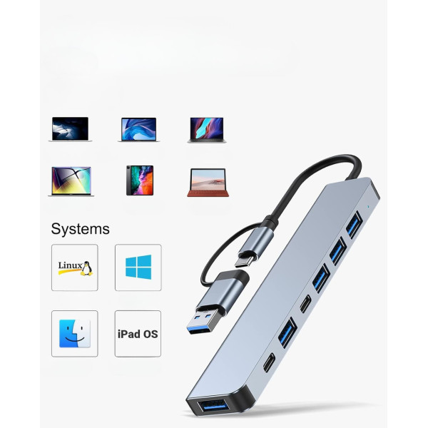 Разветвитель USB Type-C 7в1 хаб мультипортовый для ноутбука серый