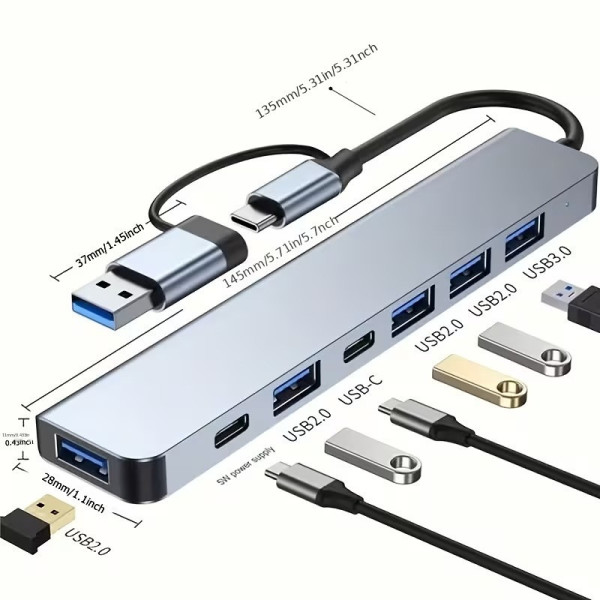 Разветвитель USB Type-C 7в1 хаб мультипортовый для ноутбука серый