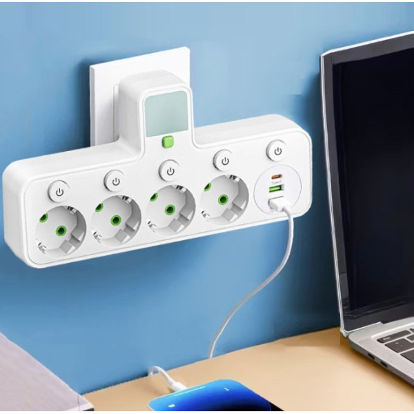 Разветвитель розетки 4 гнезда с USB Type-C сетевой переходник