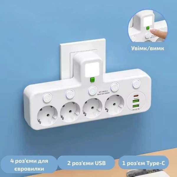 Разветвитель розетки 4 гнезда с USB Type-C сетевой переходник