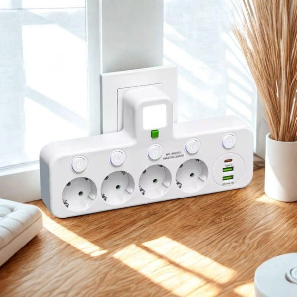 Разветвитель розетки 4 гнезда с USB Type-C сетевой переходник