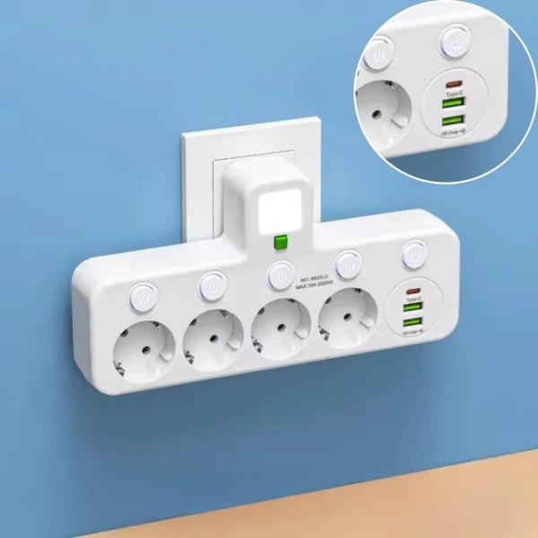 Разветвитель розетки 4 гнезда с USB Type-C сетевой переходник