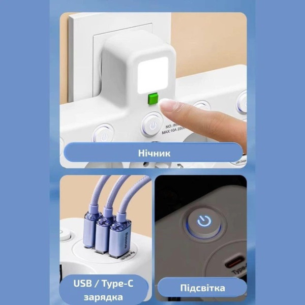 Разветвитель розетки 4 гнезда с USB Type-C сетевой переходник