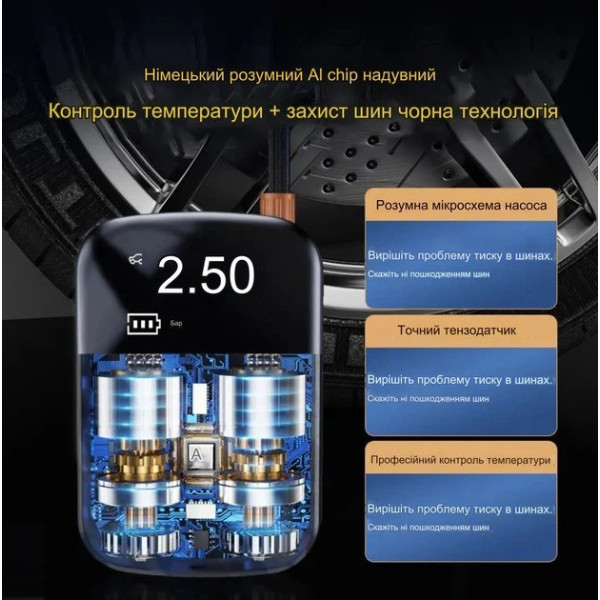 Насос для шин и колес автомобильный аккумуляторный портативный 10 бар 150 PSI с дисплеем компрессор