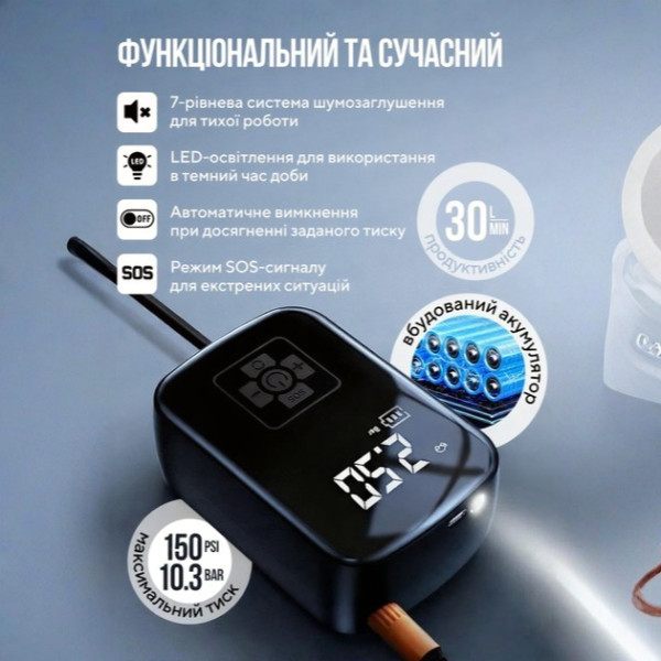 Насос для шин и колес автомобильный аккумуляторный портативный 10 бар 150 PSI с дисплеем компрессор