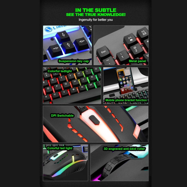 Игровой комплект клавиатура и мышь T25 USB RGB проводной подсветка металл основание подставка смартфон черный