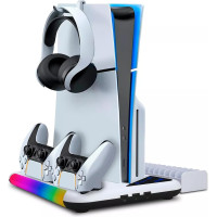 Подставка PS5 охлаждающая с зарядкой 2 контроллеров RGB вентилятор 3 USB порта держатель для консоли и геймпадов и аксессуаров