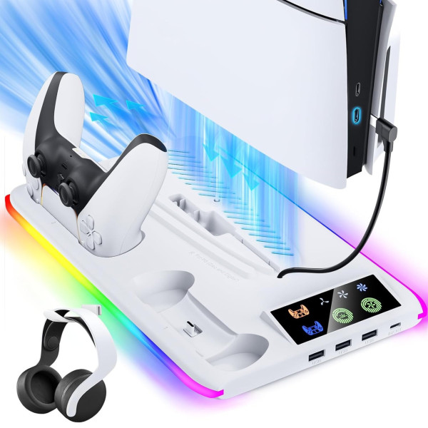 Подставка PS5 охлаждающая с зарядкой 2 контроллеров RGB вентилятор 3 USB порта держатель для консоли и геймпадов и аксессуаров
