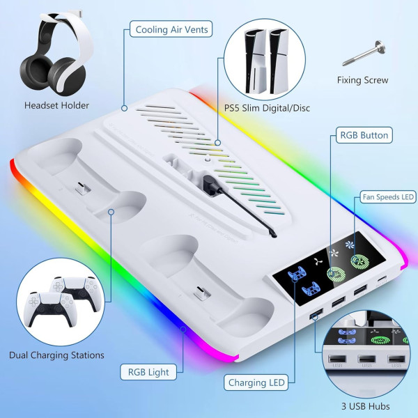 Подставка PS5 охлаждающая с зарядкой 2 контроллеров RGB вентилятор 3 USB порта держатель для консоли и геймпадов и аксессуаров
