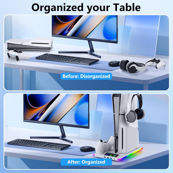 Подставка PS5 охлаждающая с зарядкой 2 контроллеров RGB вентилятор 3 USB порта держатель для консоли и геймпадов и аксессуаров