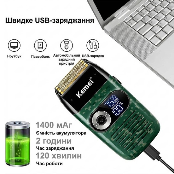 Электробритва для мужчин аккумуляторная двойная сетка LED дисплей IPX5 Kemei KM-2027