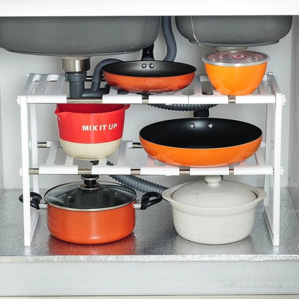 Полка-органайзер Kitchen Rack 38–70 см, регулируемый стеллаж для хранения под раковину на кухне, белый